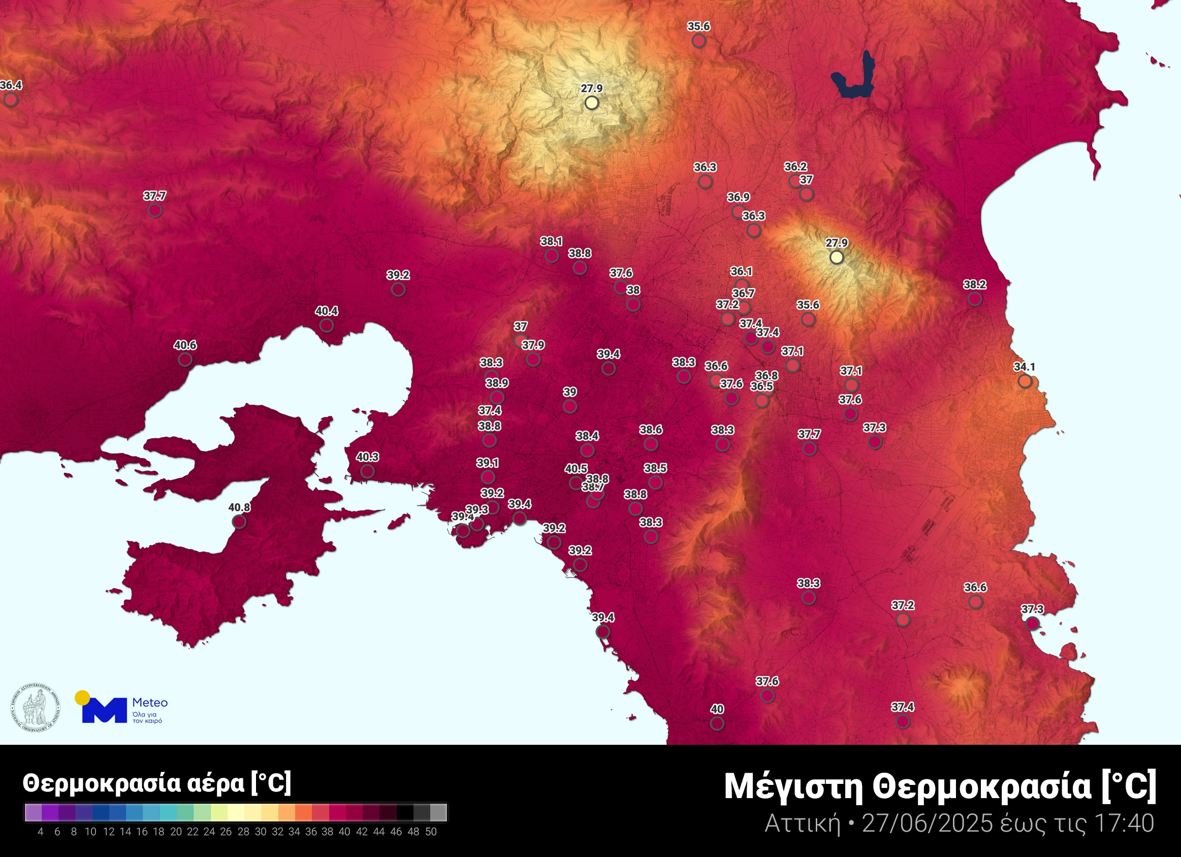 Εικόνα 2. Η κατανομή της μέγιστης θερμοκρασίας στην Αθήνα και τις γύρω περιοχές σύμφωνα με το δίκτυο αυτόματων μετεωρολογικών σταθμών του Εθνικού Αστεροσκοπείου Αθηνών / meteo.gr. Εικόνα 2. Η κατανομή της μέγιστης θερμοκρασίας στην Αθήνα και τις γύρω περιοχές σύμφωνα με το δίκτυο αυτόματων μετεωρολογικών σταθμών του Εθνικού Αστεροσκοπείου Αθηνών / meteo.gr.