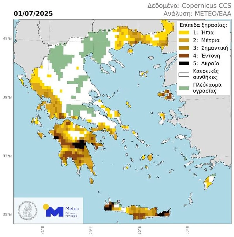 Εικόνα 1. Επίπεδα ξηρασίας στην Ελλάδα κατά την 1η Ιουλίου 2025. Οι περιοχές που βρίσκονται σε κατάσταση σχετικής ξηρασίας είναι χρωματισμένες σύμφωνα με την 5-βάθμια κλίμακα στο άνω δεξιά άκρο του χάρτη. Περιοχές όπου η εδαφική υγρασία είναι σημαντικά πάνω από τα κανονικά επίπεδα απεικονίζονται με πράσινο, ενώ περιοχές με εδαφική υγρασία κοντά στην μέση τιμή απεικονίζονται με άσπρο. Εικόνα 1. Επίπεδα ξηρασίας στην Ελλάδα κατά την 1η Ιουλίου 2025. Οι περιοχές που βρίσκονται σε κατάσταση σχετικής ξηρασίας είναι χρωματισμένες σύμφωνα με την 5-βάθμια κλίμακα στο άνω δεξιά άκρο του χάρτη. Περιοχές όπου η εδαφική υγρασία είναι σημαντικά πάνω από τα κανονικά επίπεδα απεικονίζονται με πράσινο, ενώ περιοχές με εδαφική υγρασία κοντά στην μέση τιμή απεικονίζονται με άσπρο.