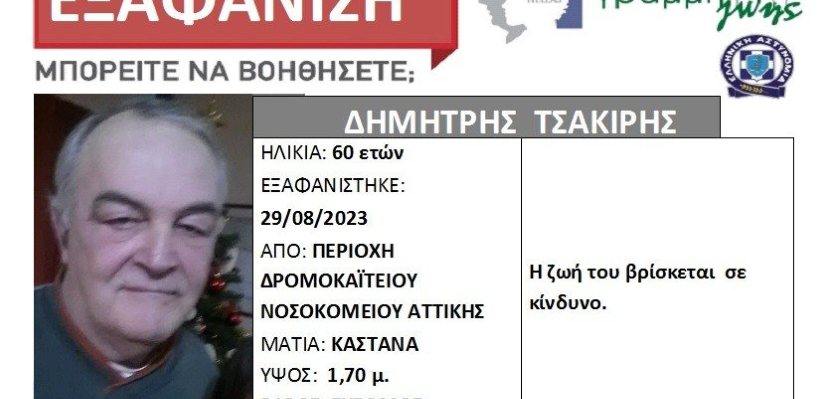 Εξαφάνιση 60χρονου από την περιοχή του Δρομοκαϊτειου